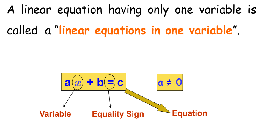 an image  showcasing how a linear equation having only one variable is called a linear equations in one variable