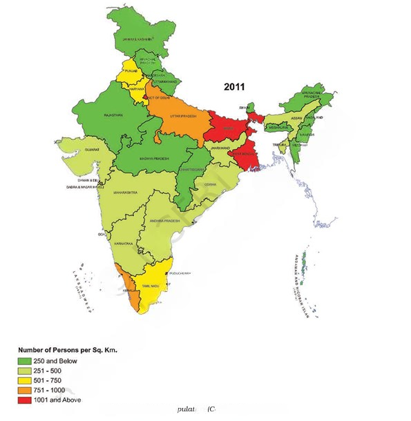 A visual of India's population distribution by density from class 9 Geography chapter 6