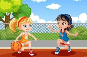 2 girls playing basketball in court - across the wall