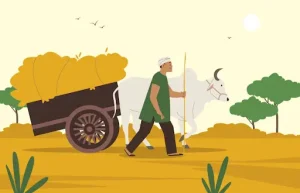 From No Place for Us Class 5 EVS, Farmer walking with a bullock cart carrying hay through a rural landscape.