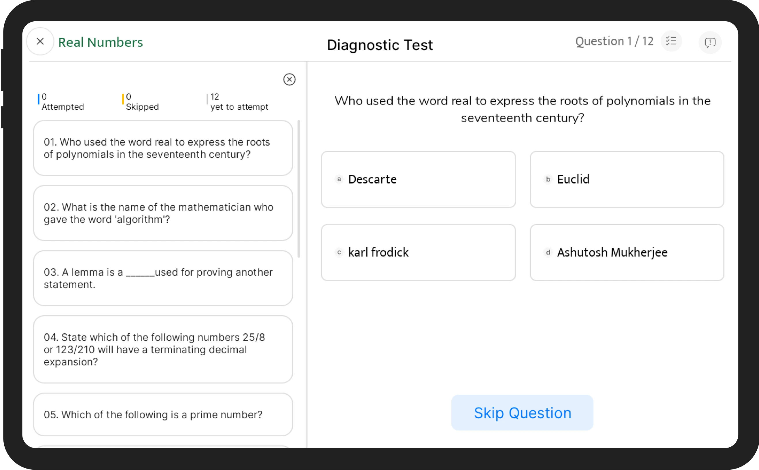 An image depicting a diagnostic test from PAL Lab's personalized adaptive learning system to assess students' current learning levels