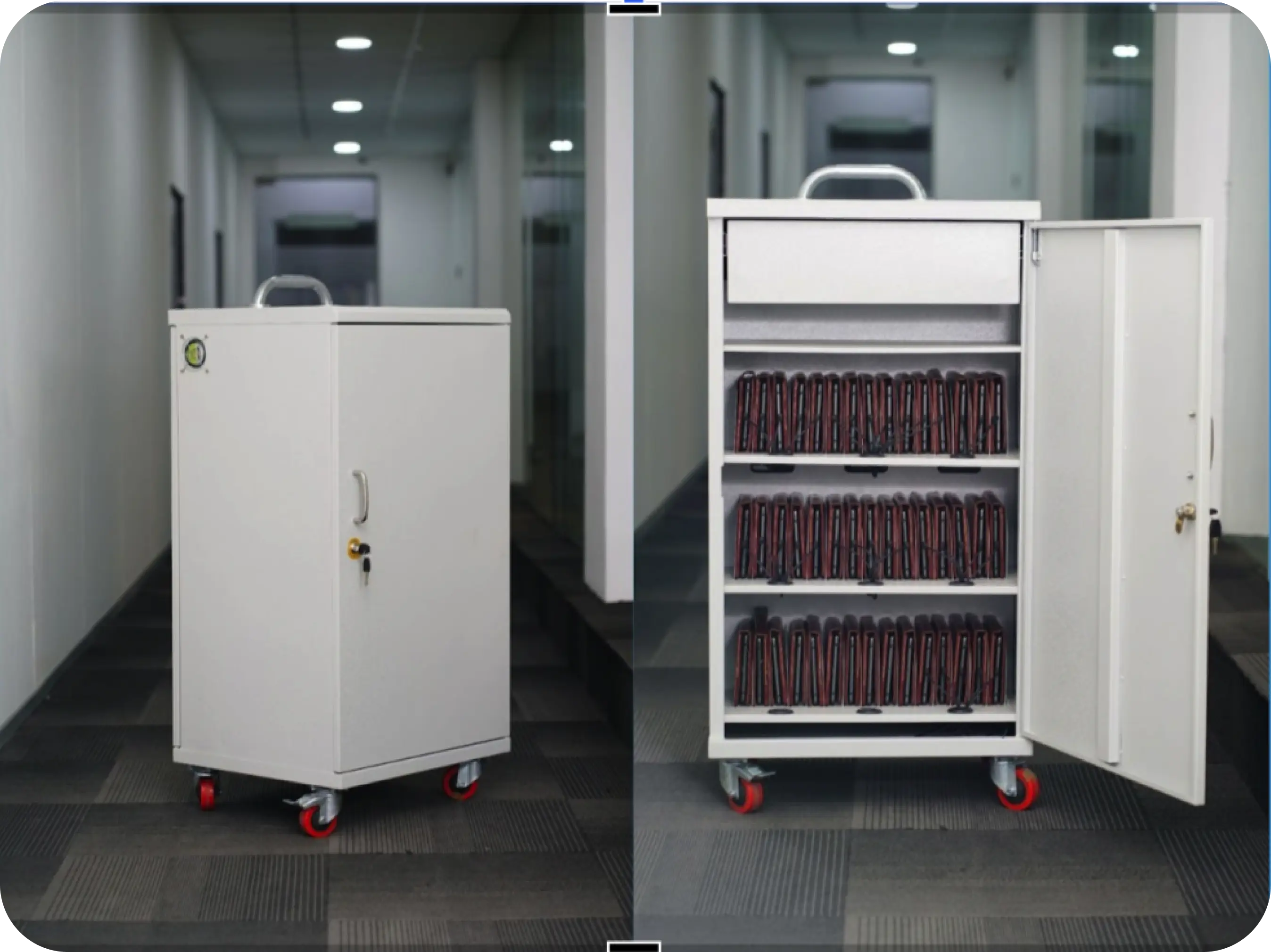 A visual illustrating the tablet charging trolley used in the PAL Lab to support personalized adaptive learning in schools