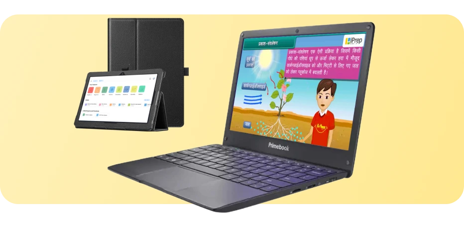 A visual illustration of students using iPrep PAL, a personalized adaptive learning app, on tablets and Chromebooks in a school environment