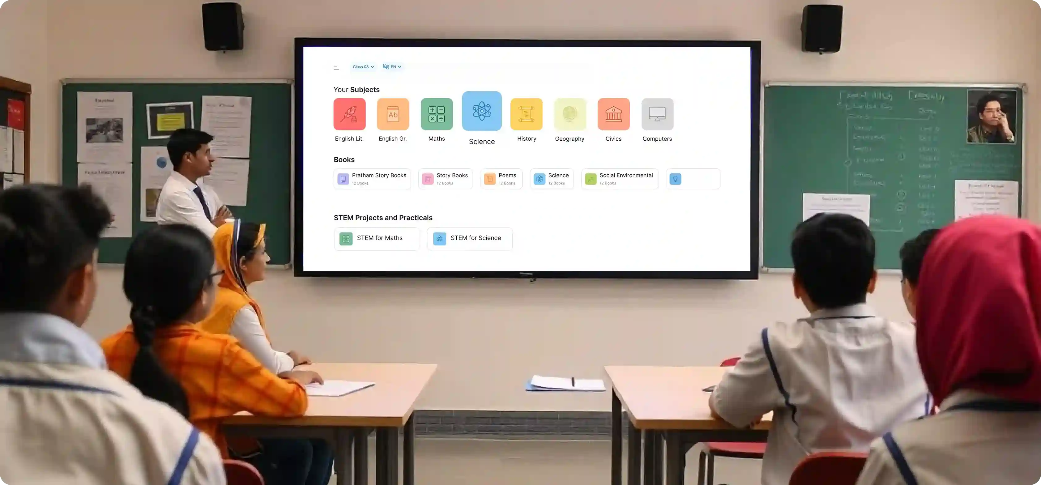 A visual representation of a smart class for schools by iPrep having an interactive digital board loaded with smart class content and LMS