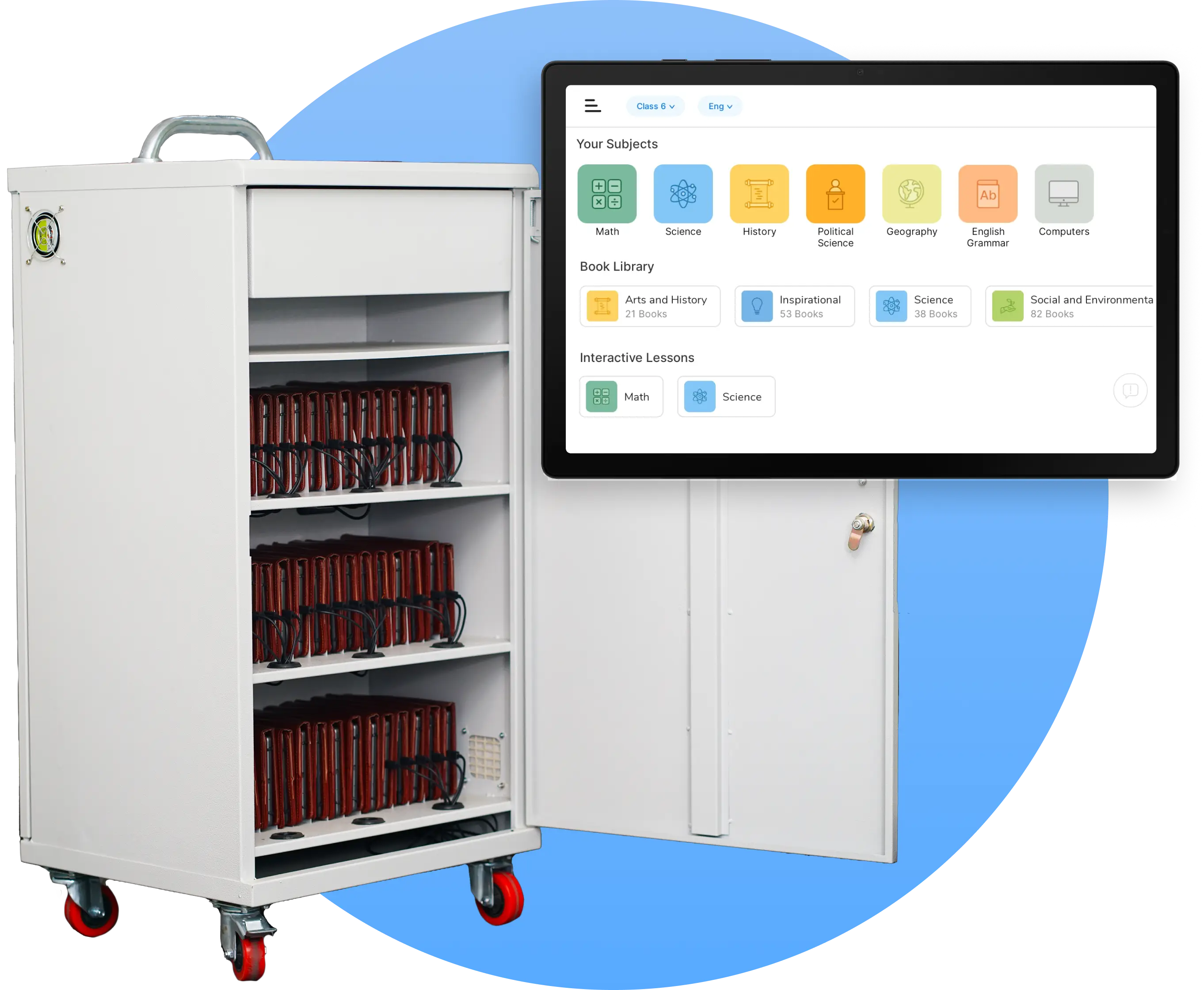 An image showing a tablet-based smart ICT lab pre-loaded with digital learning content and an LMS for schools