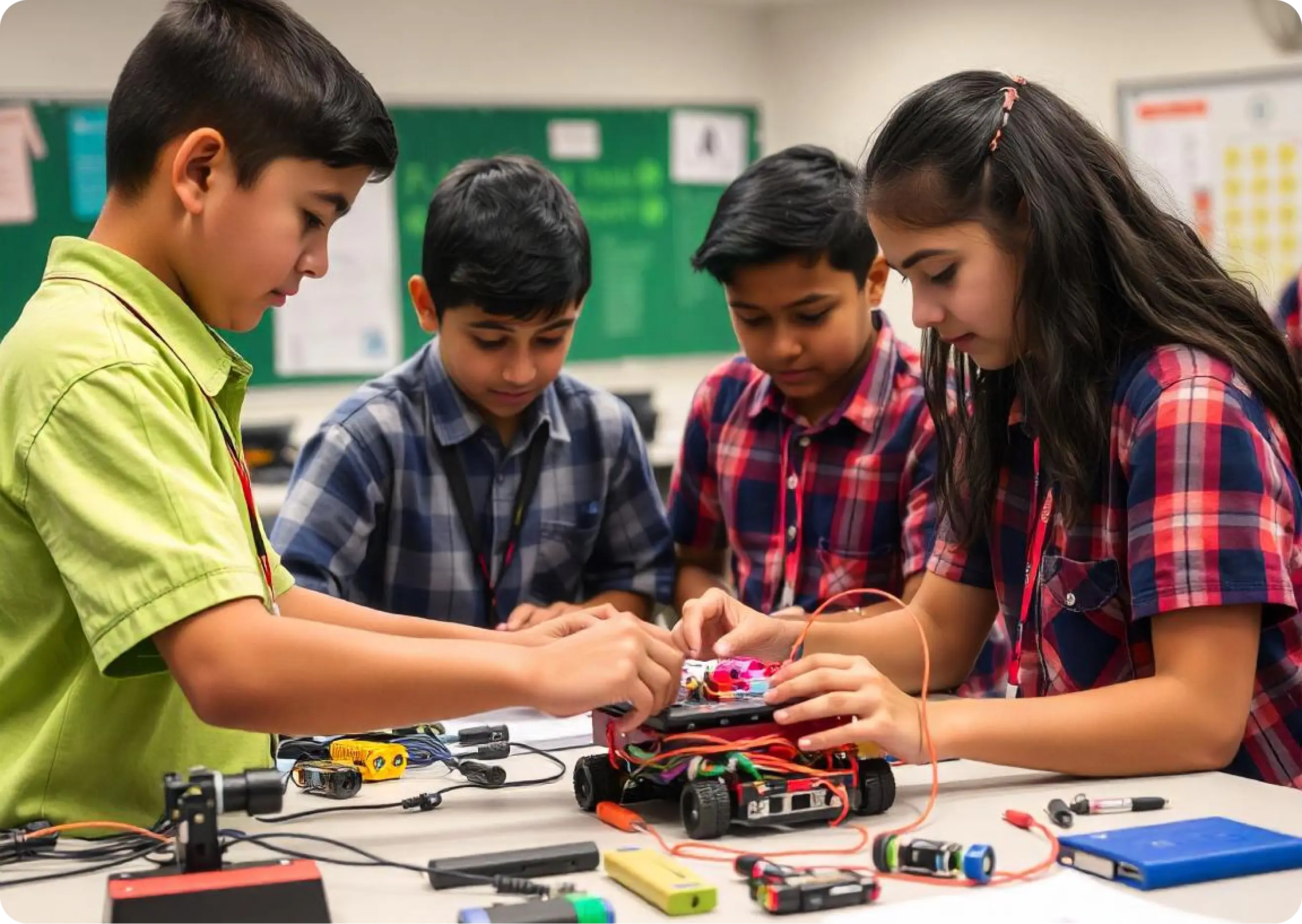 An illustration showcasing students developing technology and engineering skills in a STEM lab for schools, highlighting STEM lab tables and tools