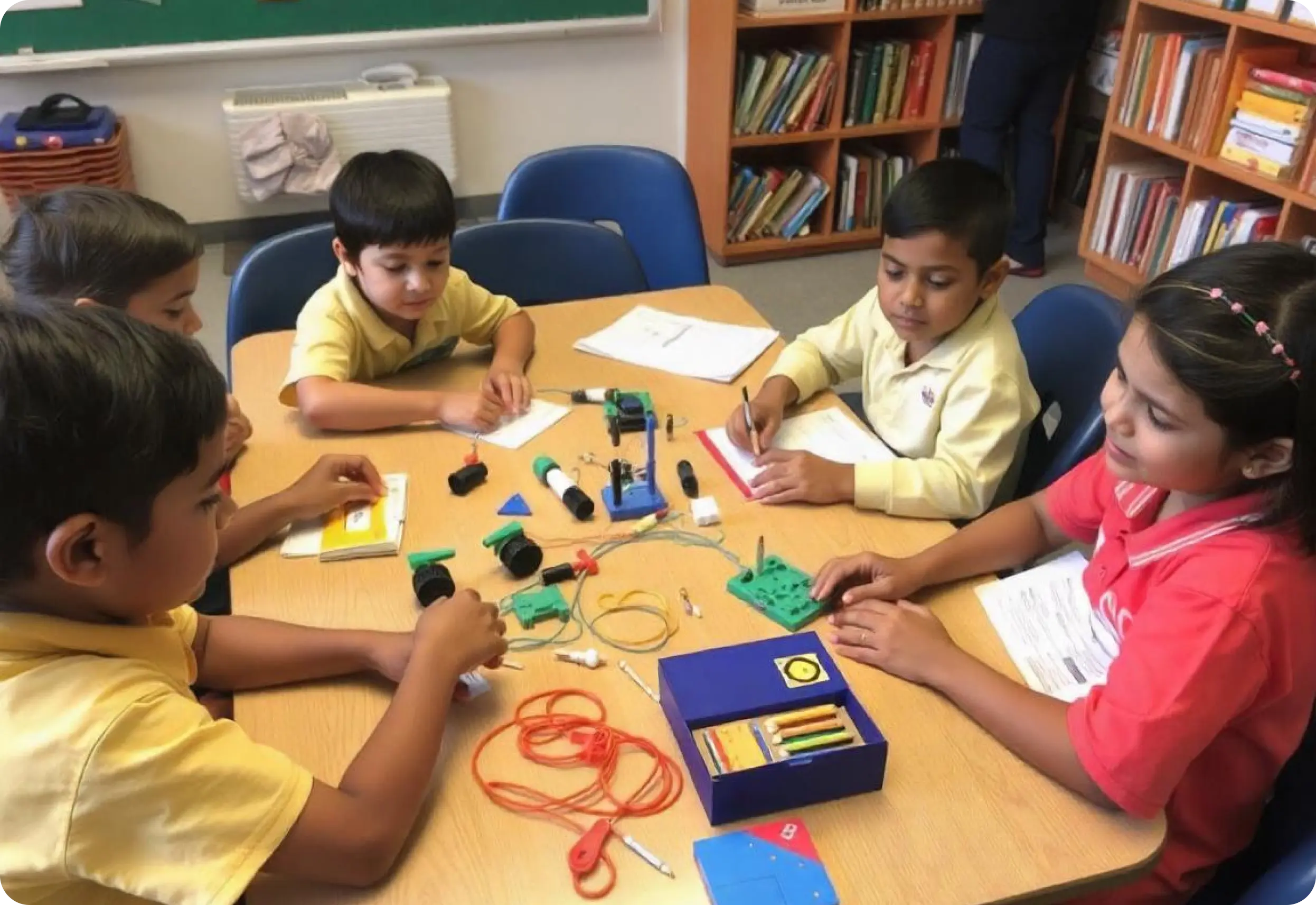 A representation of group STEM kits designed for collaborative projects in STEM labs for high schools, showcasing tools for engineering and science lab activities