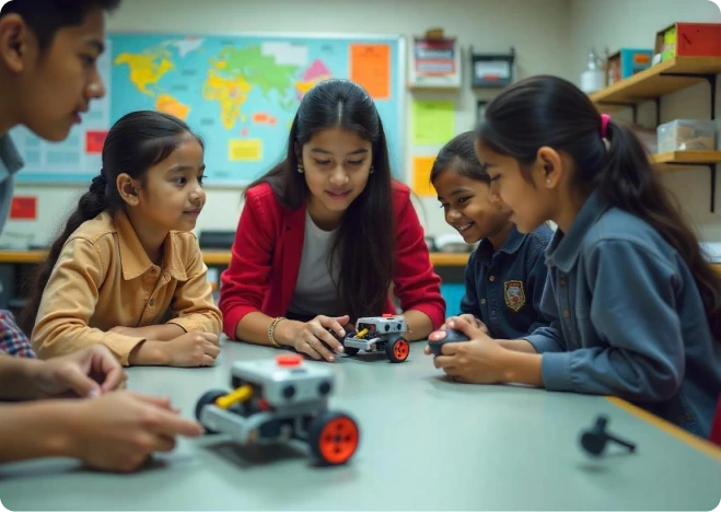 An image portraying students engaged in joyful hands-on STEM learning activities, emphasizing STEM lab ideas and STEM lab projects for elementary and high school students