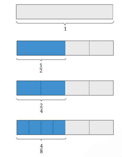 a visual illustration of equivalent fractions from class 6 math chapter 7 - Fractions