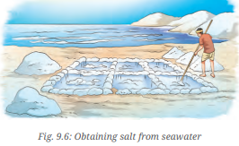 A visual depiction of obtaining salt from the sea water through evaporation, another one of the most commo methods of separation