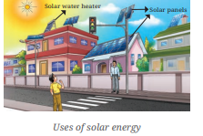 A visual representing uses of solar energy from class 6 science chapter 11 - Nature's Treasures