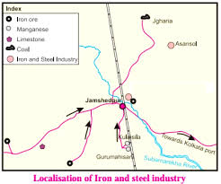 a visual representation of localization of Iron and steel industry in Jamshedpur from class 8th geography - Social Studies