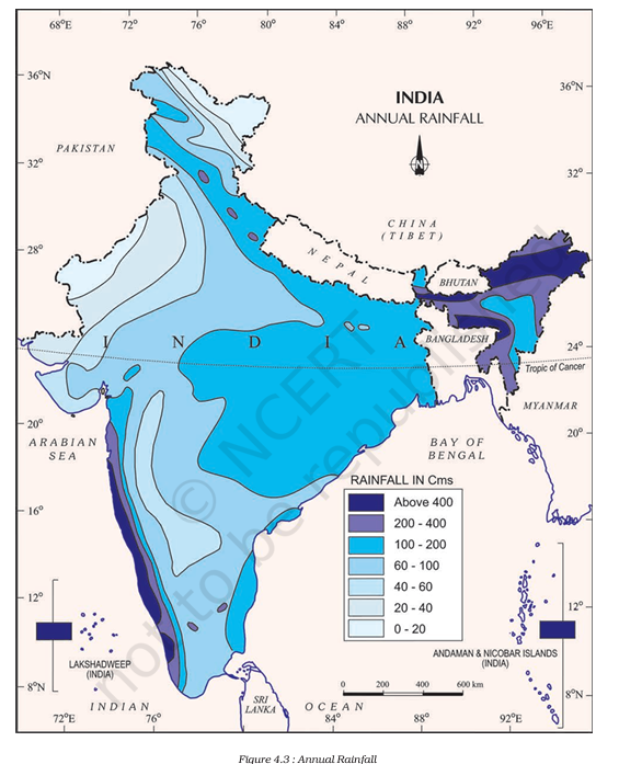 A visual of India's map representing Annual Rainfall from class 9 geography chapter 4 - Climate