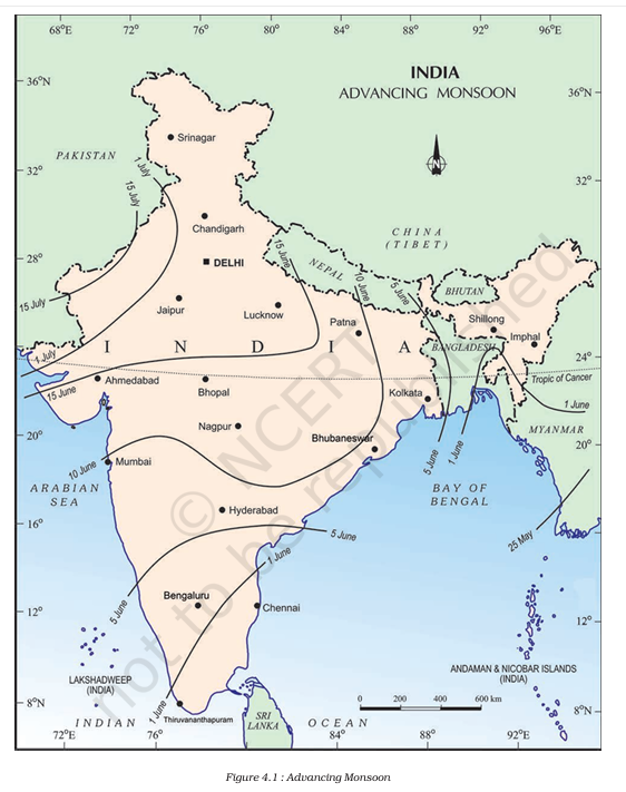 A visual of India's map representing advancing monsoon From class 9 Geography chapter 4 - Climate