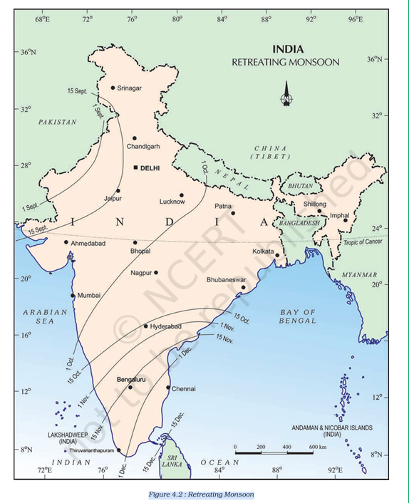 A visual of India's map representing Retreating monsoon From class 9 Geography chapter 4 - Climate