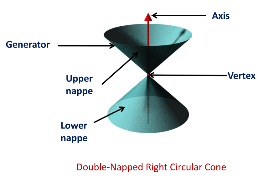 A labeled visual of double-napped right circular cone from class 11 math chapter 10 - Conic Sections