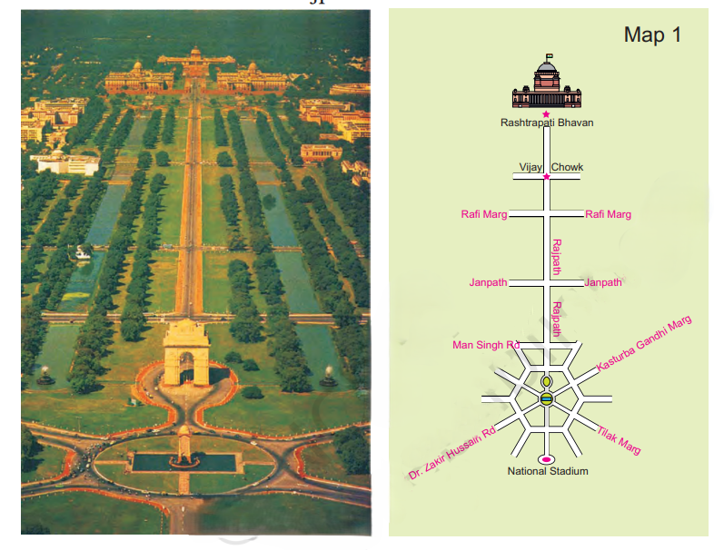 A visual representation of the route of Rashtrapati Bhawan to India gate form class 5 math chapter 8 - Mapping Your Way