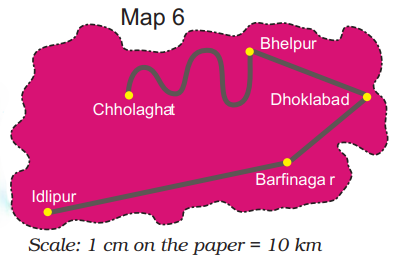 A visual representation of a Town Distances on a map form class 5 math chapter 8 - Mapping Your Way