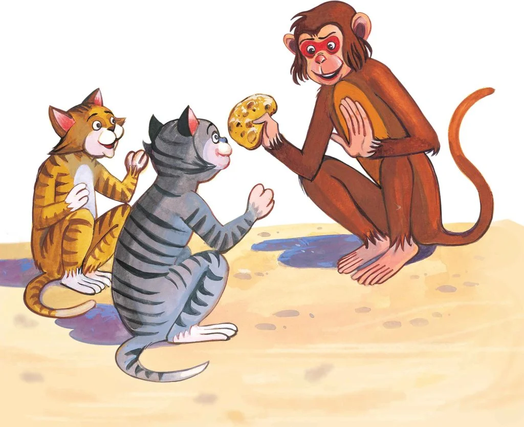 A visual representing the story of two cats and a monkey from class 4 math chapter 9 - Halves And Quarters