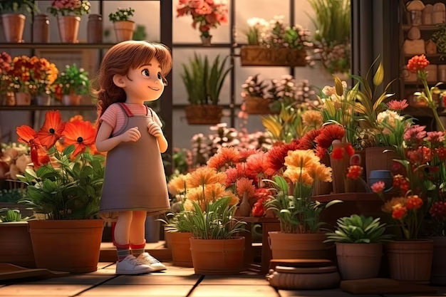 a visual representing a kid standing in a garden filled with a lot of flowers from class 4 EVS chapter 11 - The Valley Of Flowers