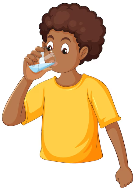 A visual of a boy drinking water from class 4 EVS chapter 18 - Too Much Water, Too Little Water